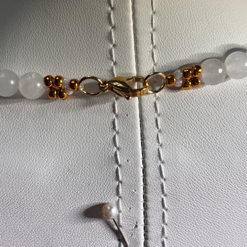 White Jade Necklace embellished with Red and Gold Beads 16 inches. - Picture 4 of 7